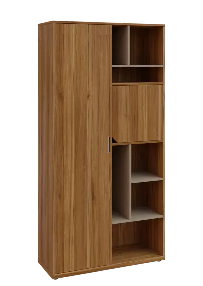 KSR6-83 L skříň šatní, 1x výsuvné ramínko, dvířka, niky, 2053x1022x400 mm, provedení levé, korpus a dvířka ořech světlý/police latte